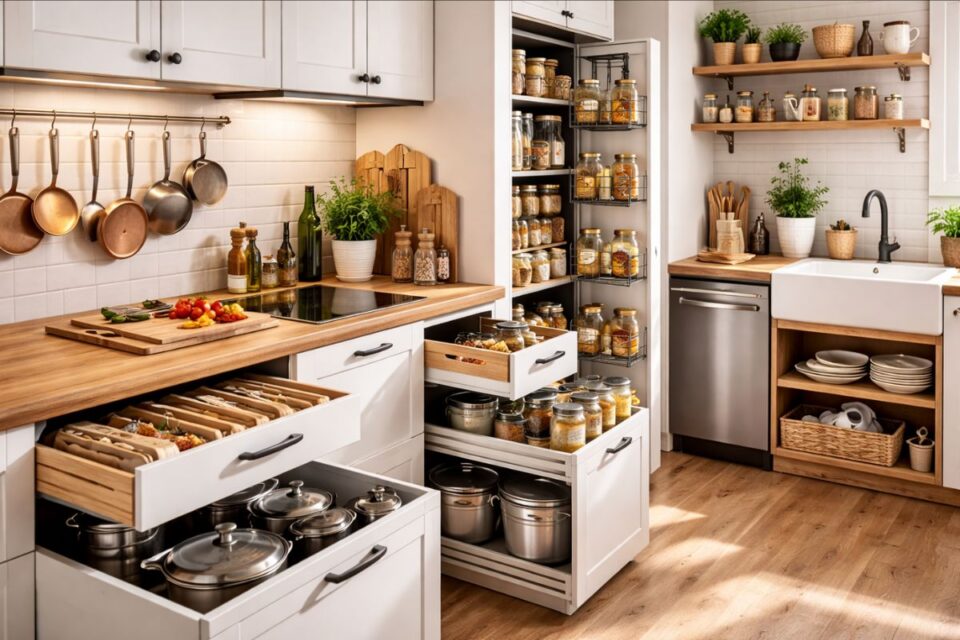 Cuisine moderne et bien organisée avec rangements optimisés, tiroirs coulissants, étagères ouvertes et meubles fonctionnels.